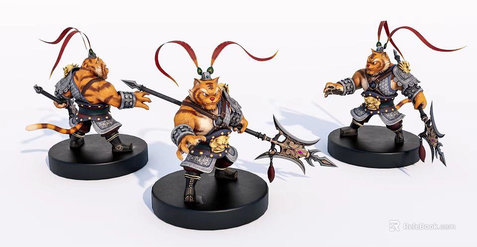 Mythical Warrior Creature Statues with Red Ribbons Holding Decorative Weapon on Black Base 3d model 