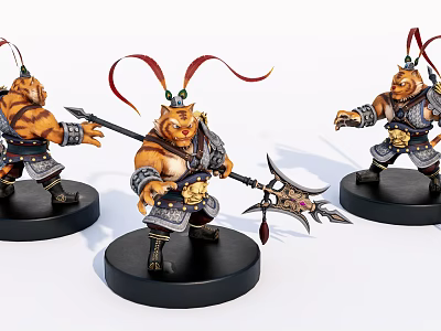 Mythical Warrior Creature Statues with Red Ribbons Holding Decorative Weapon on Black Base 3d model
