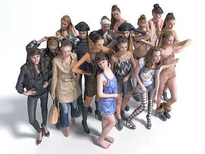 Group of Diverse People in Various Stylish Outfits and Different Poses Standing Together 3d model