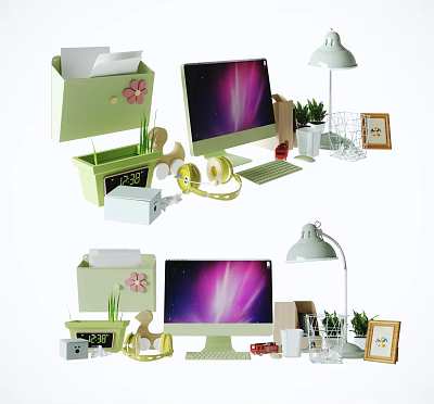 Computer Monitor Desk Setup With Green Storage Box Table Lamp Headphones And Potted Plant 3d model