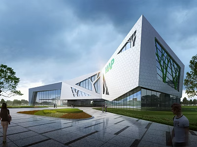 Modern Building With Geometric Facade Glass Curtain Walls DNP Logo And People In Landscaped Area 3d model