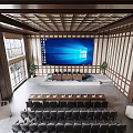 Elegant Modern Conference Room Interior With Wooden Grid Ceiling Conference Tables Chairs And Large Windows