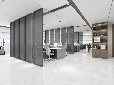 Modern Public Office Workspace With Glass Partitions Workstations Large Windows And Green Plants 3d model