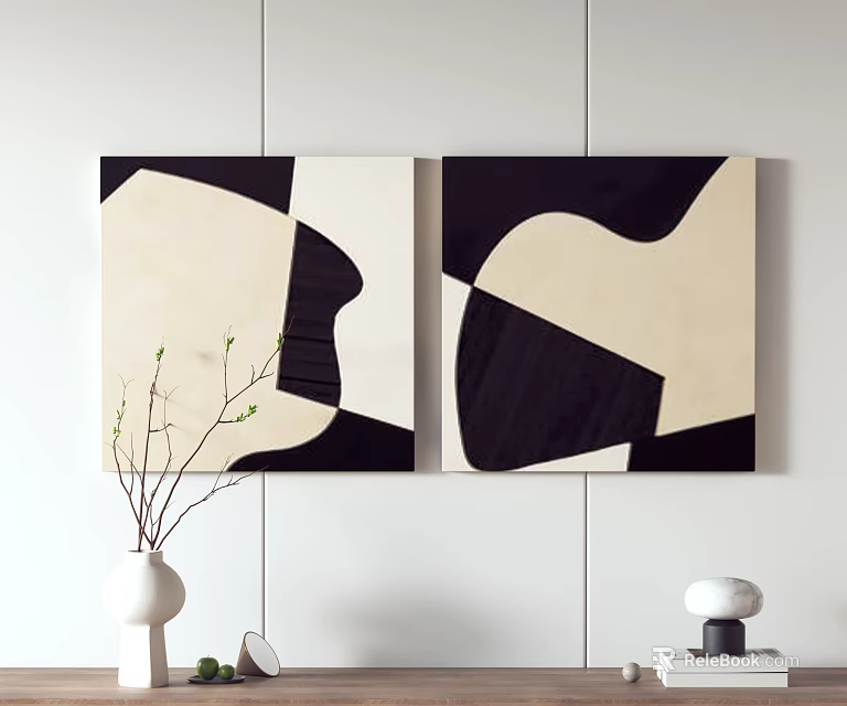 Abstract Black And White Wall Paintings With White Vase And Sprouting Branches 3d model