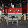 Chinese Style Hot Pot Restaurant Interior With Red Green Decor Lanterns And Booth Seats