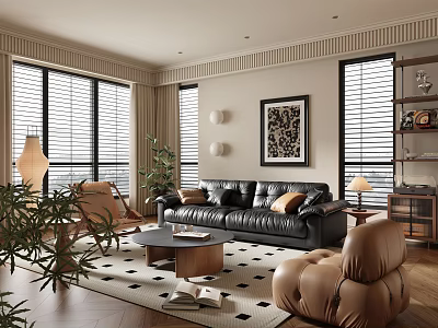 Modern Living Room With Black Leather Sofa Beige Armchair And Geometric Rug 3d model