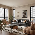 Modern Living Room With Black Leather Sofa Beige Armchair And Geometric Rug