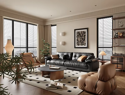 Modern Living Room With Black Leather Sofa Beige Armchair And Geometric Rug 3d model