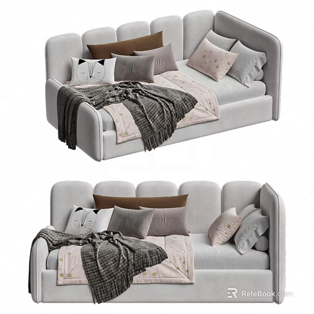 Modern Kids Bed With Light Gray Frame Soft Design Multiple Pillows And Blanket 3d model