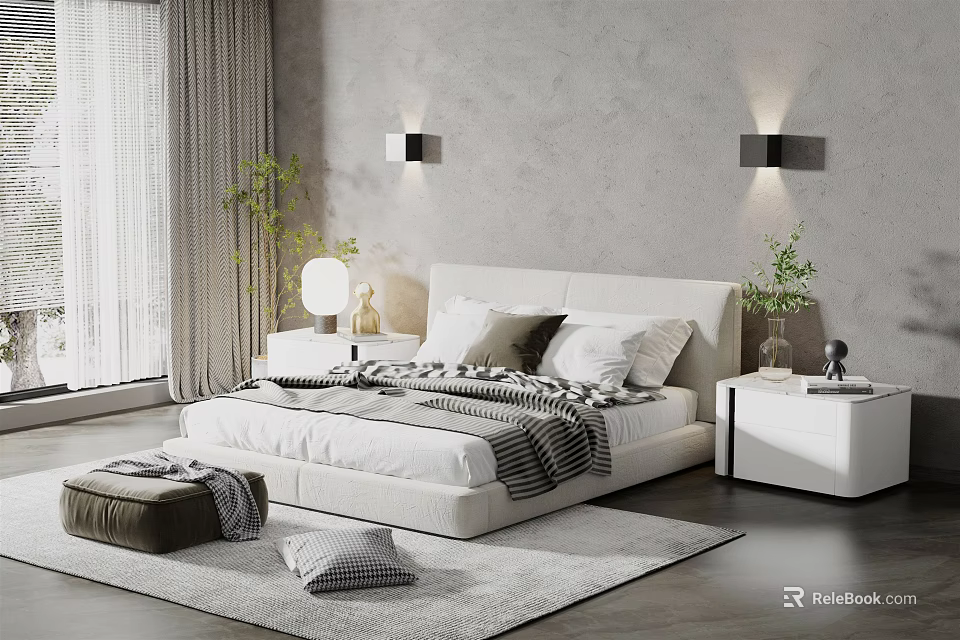 Modern Double Bed with White Headboard Pillows Blanket Bedside Table and Wall Lights 3d model