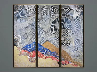 Modern Abstract Painting Triptych with Wavy Lines Blue Gold Red Tones 3d model
