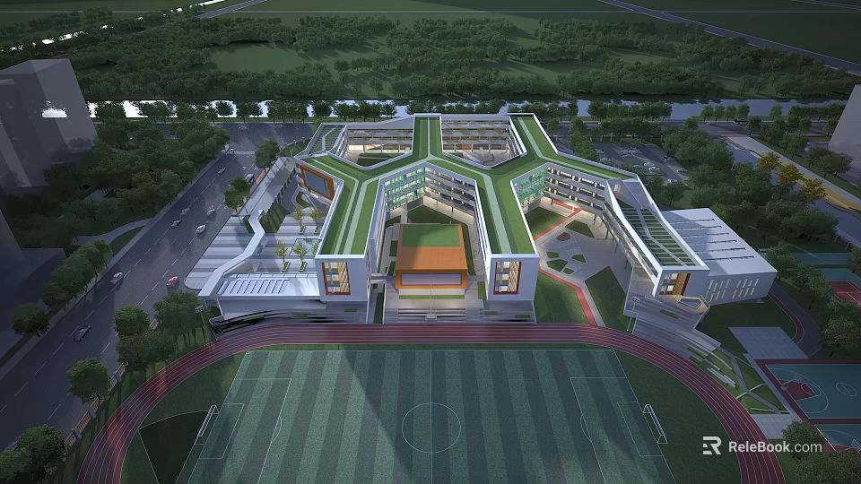 Modern School Building Design With Green Roof Playground And Track 3d model 