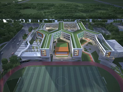 Modern School Building Design With Green Roof Playground And Track 3d model