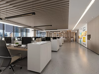 Modern Public Office Interior With Open Layout Workstations Pendant Lights And Wooden Ceiling 3d model