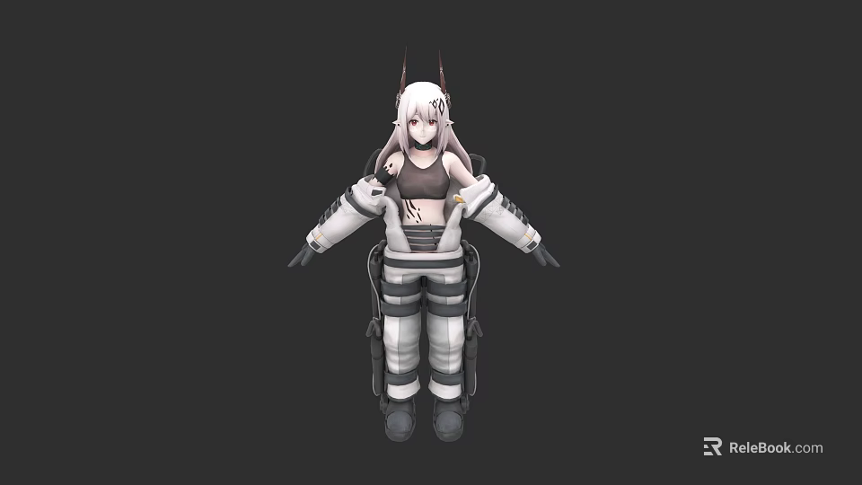 Game and Movie Character With Silver Hair Horns Mechanical Outfit and Tattoo Design 3d model 