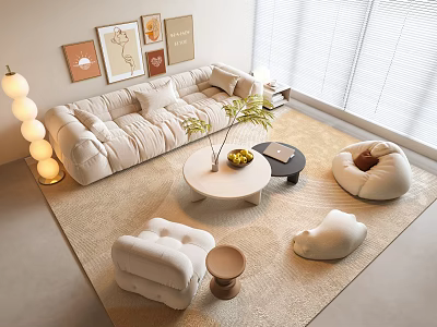 Modern Sofa And Coffee Table With Cozy Rug Floor Lamp And Decorative Wall Art 3d model