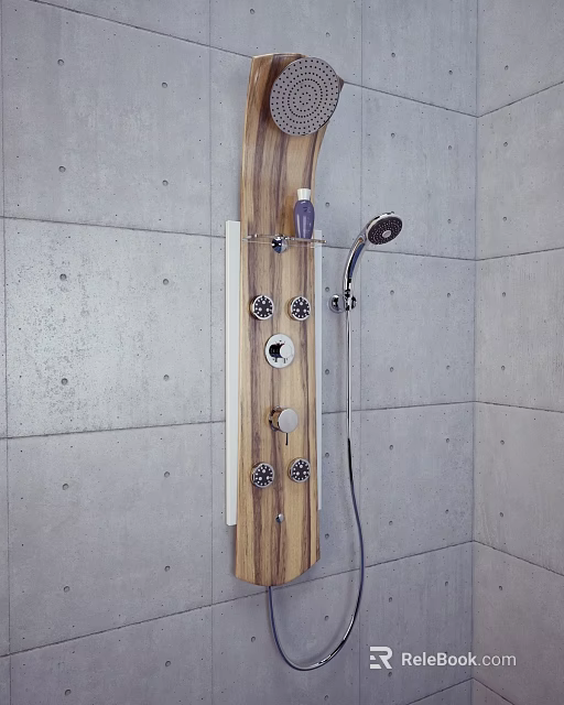 Modern Shower System With Wooden Panel Control Knobs And Handheld Head On Concrete Wall 3d model 
