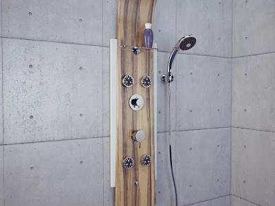 Modern Shower System With Wooden Panel Control Knobs And Handheld Head On Concrete Wall 3d model