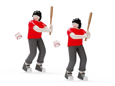 Game And Movie Characters Wearing Red Shirts Swinging Baseball Bats With Flying Balls 3d model