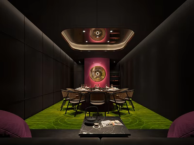Modern Private Dining Room Interior With Dark Walls Round Table Green Floor And Decorative Lighting 3d model