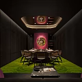 Modern Private Dining Room Interior With Dark Walls Round Table Green Floor And Decorative Lighting
