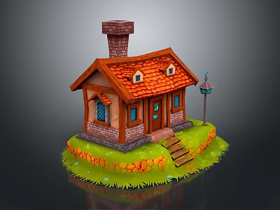 Small House With Red Roof Brick Chimney Blue Door Windows Stone Steps Lamp And Grass 3d model