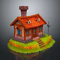 Small House With Red Roof Brick Chimney Blue Door Windows Stone Steps Lamp And Grass