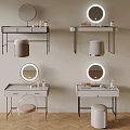 Stylish Dressing Tables With Round Mirrors And Stools In Different Designs On Wall 3d model