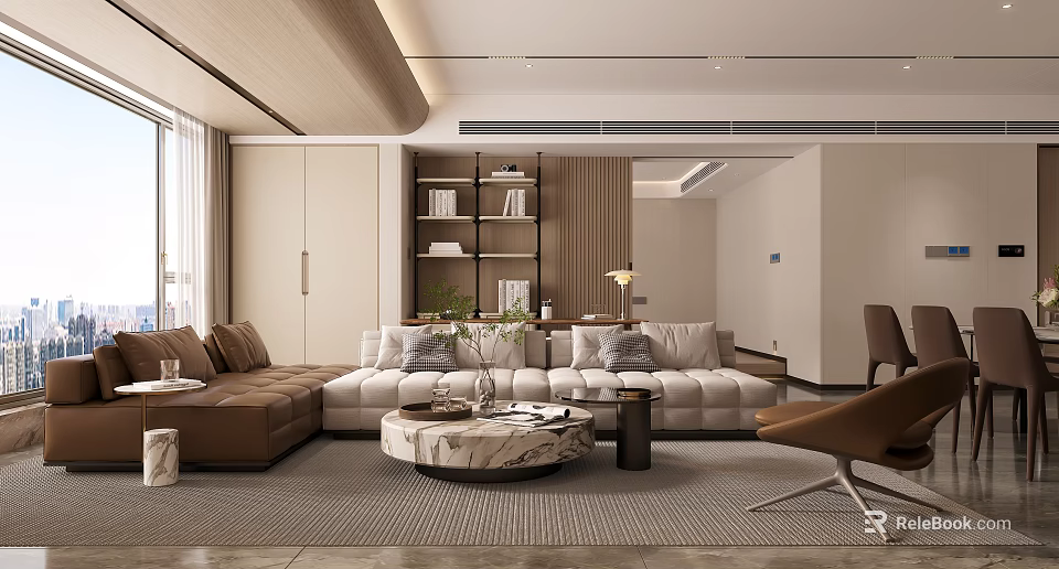 Elegant Modern Living Dining Room Interior Design With Sectional Sofa Marble Coffee Table And Bookshelf 3d model 