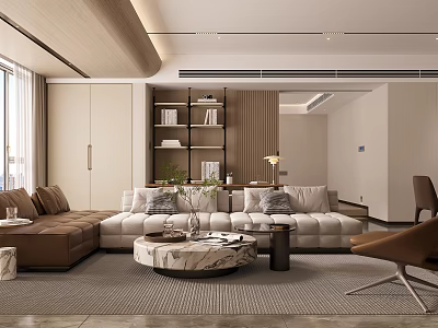 Elegant Modern Living Dining Room Interior Design With Sectional Sofa Marble Coffee Table And Bookshelf 3d model