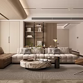 Elegant Modern Living Dining Room Interior Design With Sectional Sofa Marble Coffee Table And Bookshelf