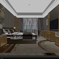 Modern Hotel Guest Room With Double Bed TV Wooden Desk And Decorative Painting