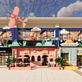 Vibrant Commercial Street With Colorful Shopfronts Outdoor Seating And Green Plants