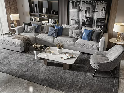 Modern Gray L Shaped Sofa and Coffee Table Set with Decorative Items Accent Chair and Rug 3d model