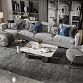 Modern Gray L Shaped Sofa and Coffee Table Set with Decorative Items Accent Chair and Rug
