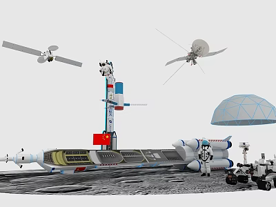 Space Exploration Setup Featuring Satellites Rocket Rover Dome And Ground Equipment 3d model