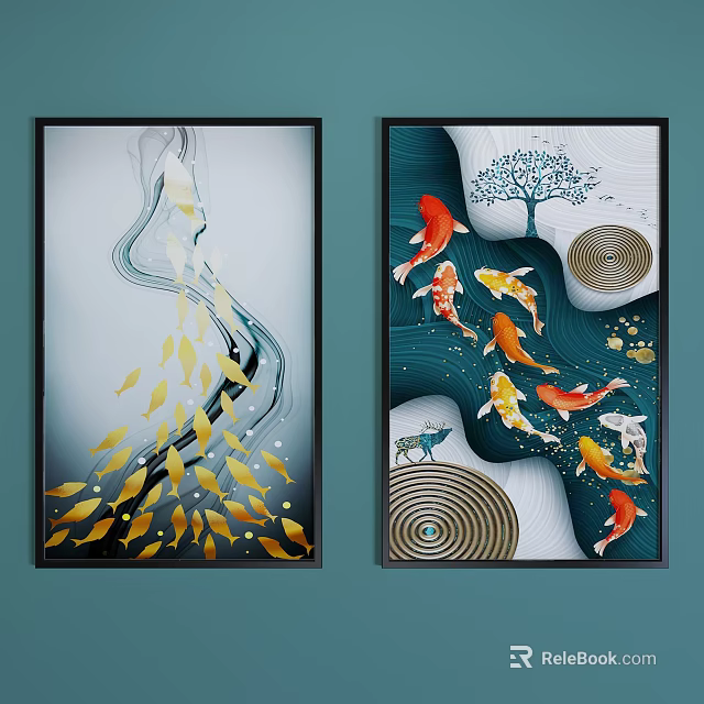 Two Panel Contemporary Wall Art Featuring Golden Fish Koi Tree And Circular Designs 3d model