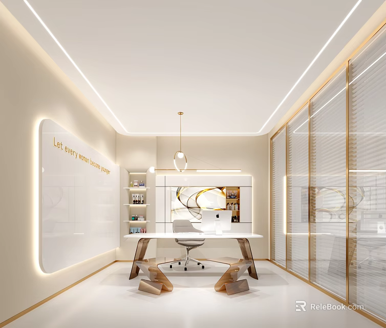 Modern Public Office Interior With Open Layout Glass Partition Desk And Bookshelves 3d model 