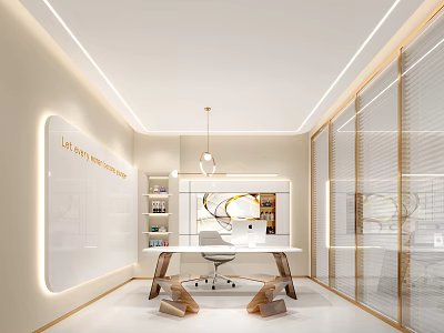 Modern Public Office Interior With Open Layout Glass Partition Desk And Bookshelves 3d model