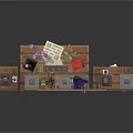 Laboratory Workbench Setup with Wooden Shelves Purple Hanging Items and Scientific Equipment