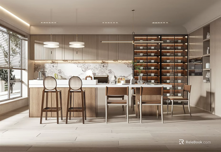 Modern Restaurant Interior Design With Dining Table Chairs Wine Rack And Pendant Lights 3d model 