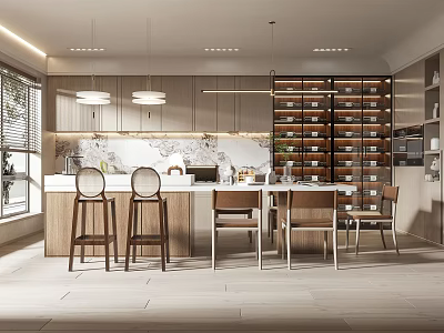 Modern Restaurant Interior Design With Dining Table Chairs Wine Rack And Pendant Lights 3d model