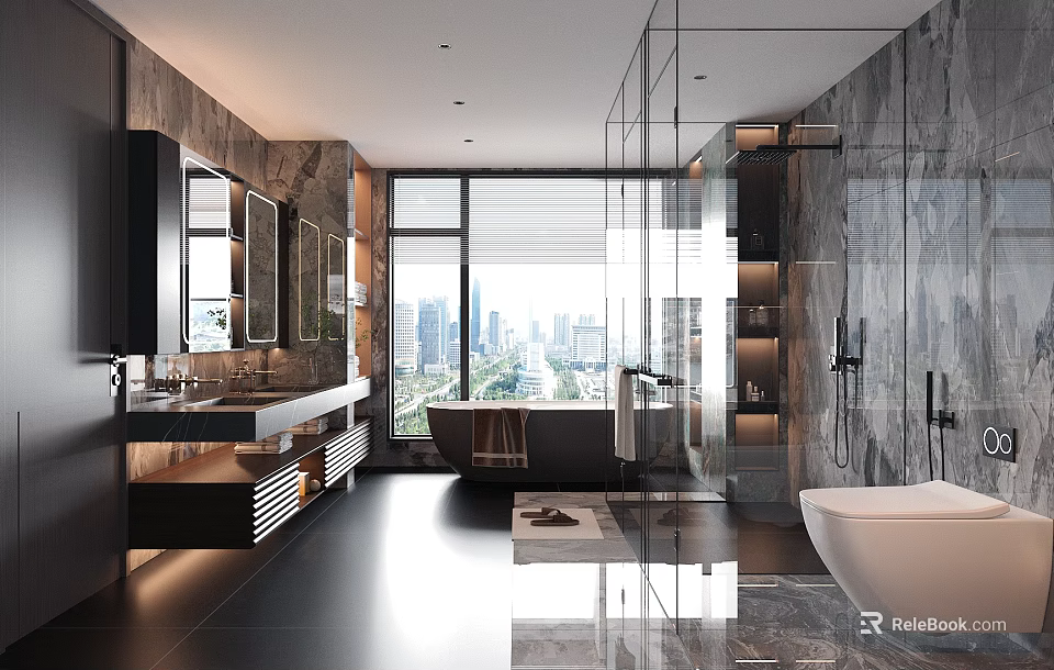 Modern Luxury Bathroom Interior With Marble Walls Glass Shower Bathtub Vanity And City View 3d model 