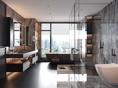 Modern Luxury Bathroom Interior With Marble Walls Glass Shower Bathtub Vanity And City View 3d model