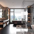 Modern Luxury Bathroom Interior With Marble Walls Glass Shower Bathtub Vanity And City View