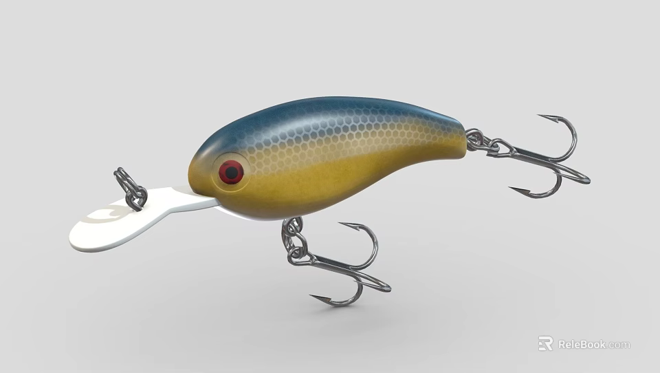 Blue Green Yellow Fishing Lure With Red Eye Scale Pattern White Lip And Treble Hooks 3d model 