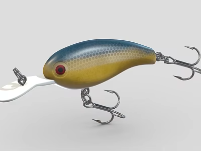 Blue Green Yellow Fishing Lure With Red Eye Scale Pattern White Lip And Treble Hooks 3d model