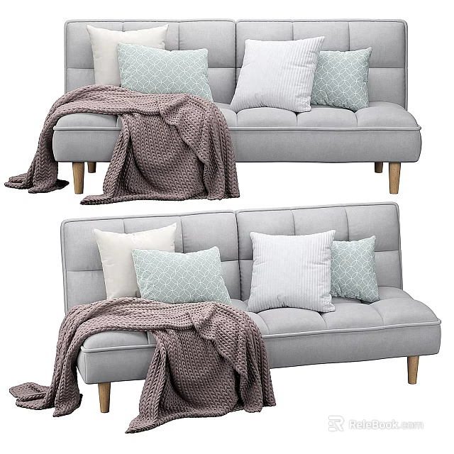 Gray Double Sofa With Light Green White Pillows Brown Throw Blanket And Wooden Legs 3d model 