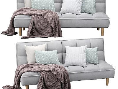 Gray Double Sofa With Light Green White Pillows Brown Throw Blanket And Wooden Legs 3d model