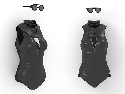 Stylish Black One Piece Swimsuit With High Neck Design And Round Sunglasses 3d model